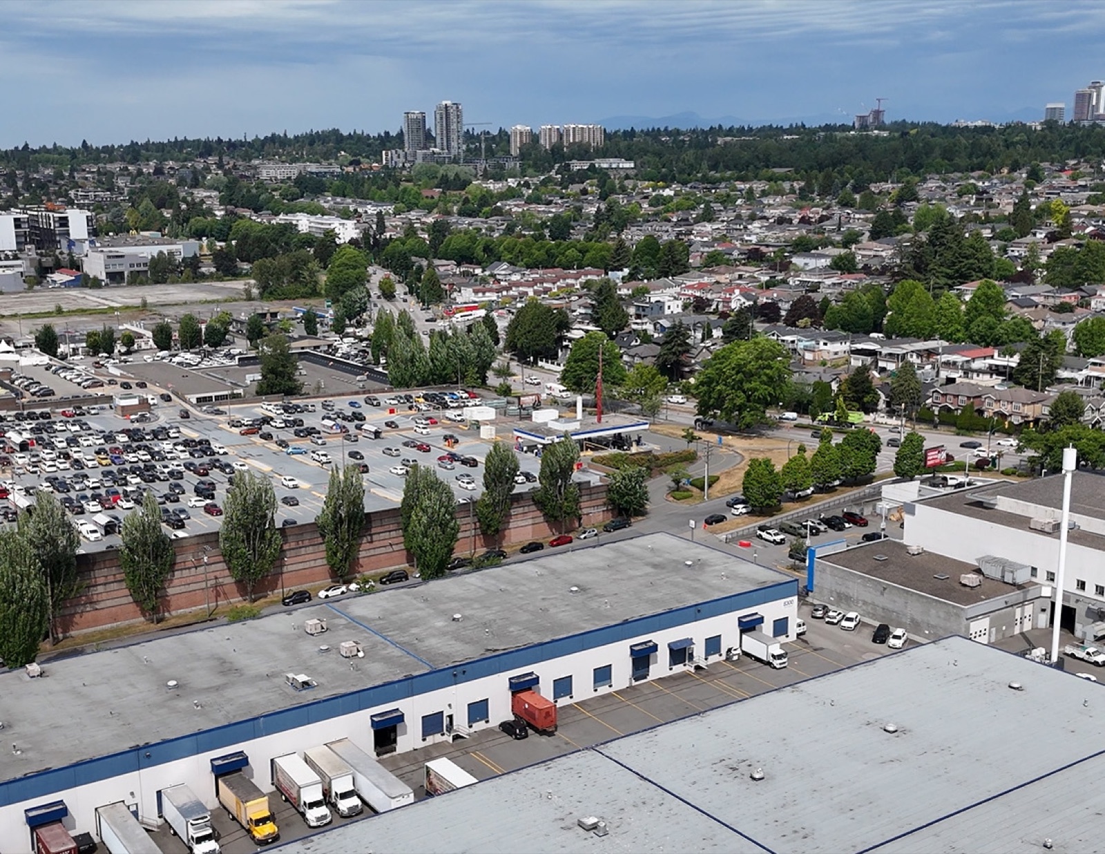 Aerial view over South Vancouver from Marine Drive Industrial Centre toward Richmond and the Fraser River