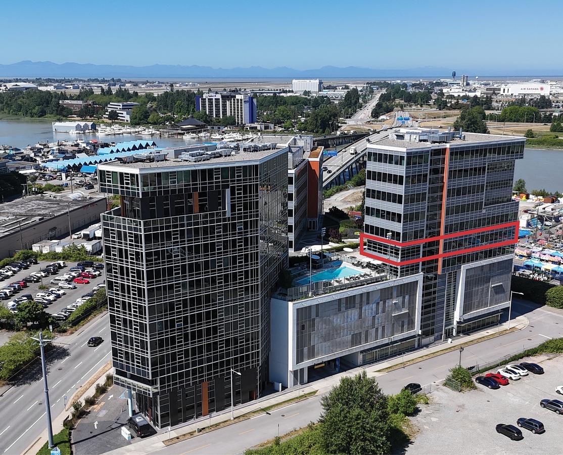 Aerial view of the International Trade Centre towers in Richmond with the seventh floor of 8400 West Road outlined