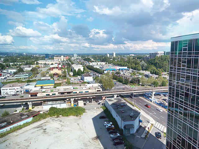 View from the seventh floor of 8400 West Road over Richmond toward the Canada Line and the North Shore mountains