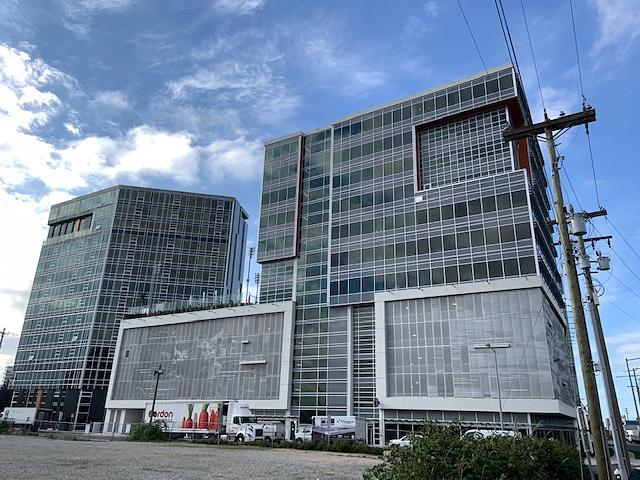 Street-level view of the International Trade Centre office towers at 8400 West Road, Richmond