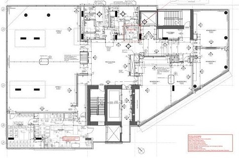 Floor plan of the full seventh floor at 8400 West Road, Richmond, showing open office areas, boardrooms, private offices, kitchen and the central elevator core
