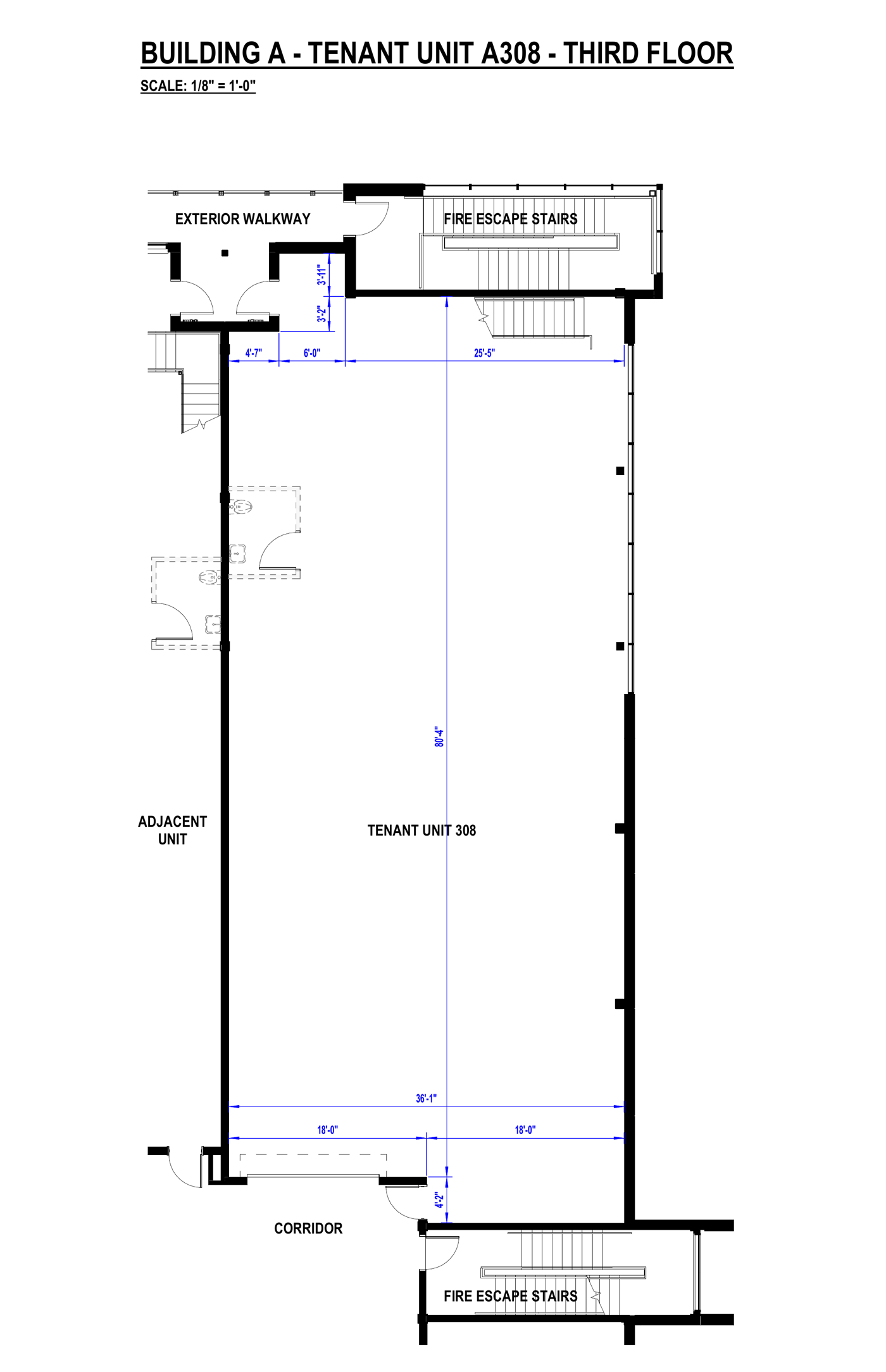 Floor plan of unit A308 main floor, 4899 Vanguard Road, Richmond, showing the 36 by 80 foot warehouse, washrooms, corridor and fire escape stairs