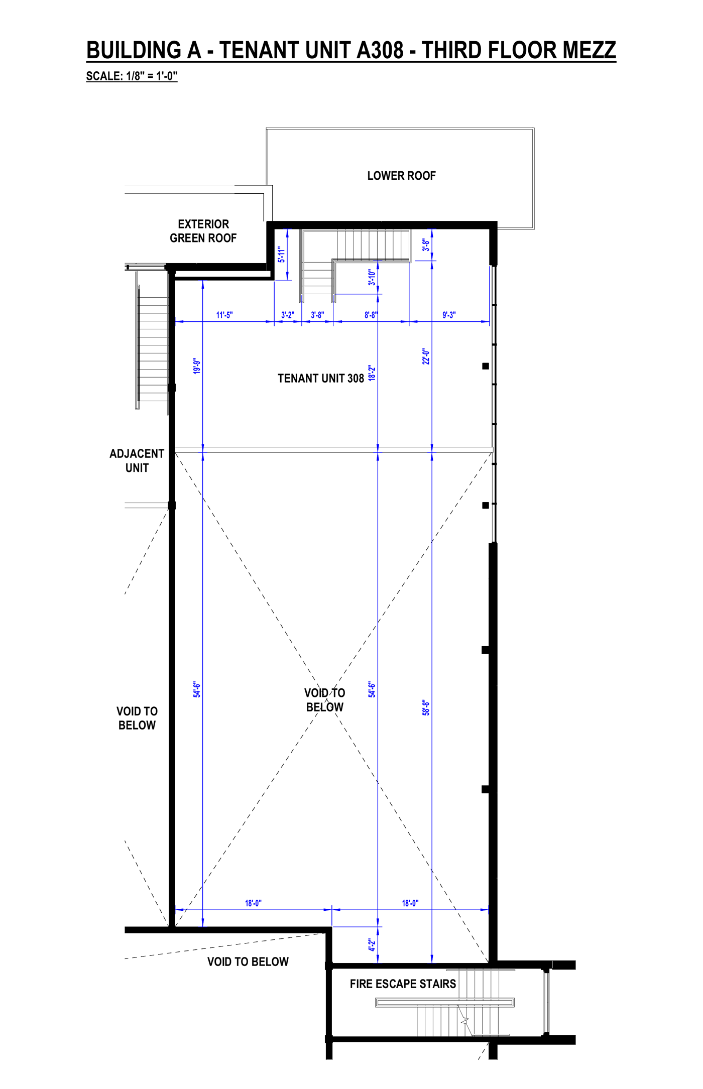Floor plan of unit A308 mezzanine level, 4899 Vanguard Road, Richmond, showing the 926 SF mezzanine and the void to the warehouse below