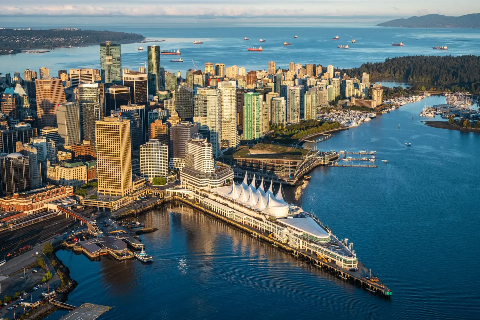 Aerial view of downtown Vancouver and the Burrard Inlet